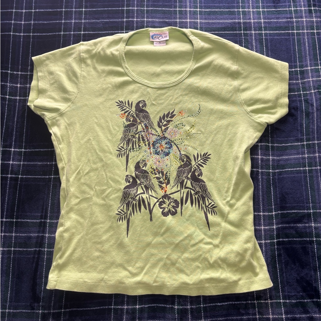 Light Lime Green Parrot Graphic Tee With A Cute Design W/Bedazzling Details